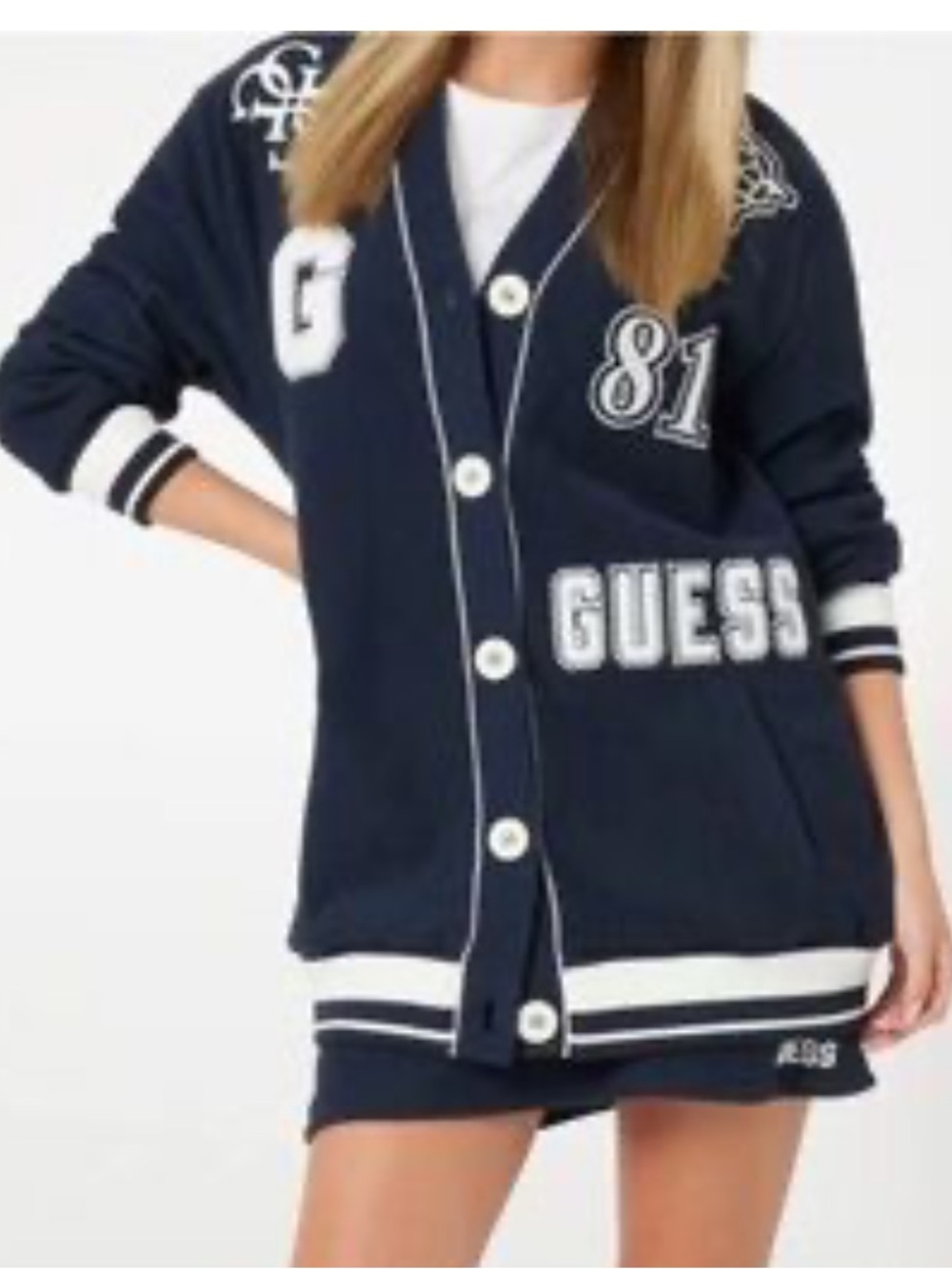 Guess Terry Cloth Fleece Boucle Cardigan Navy Blue Collegiate style SzM